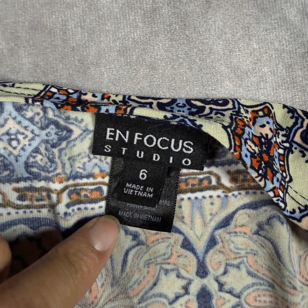 En Focus Studio Blue Geometric Paisley Smocked Waist Maxi Dress 6 Boho Peasant - Picture 4 of 7